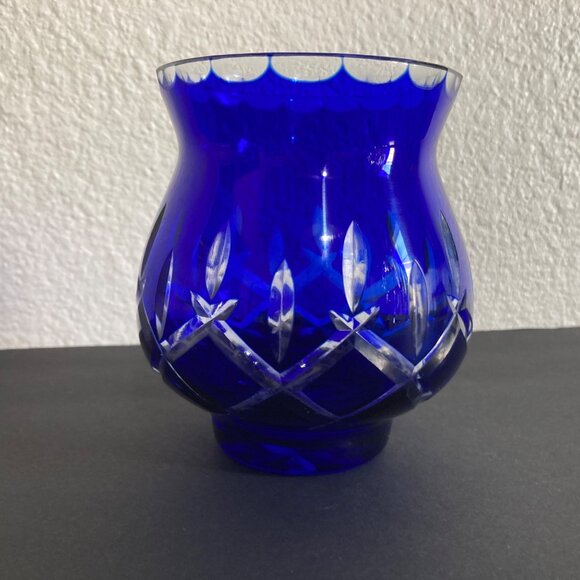 Bohemian Glass Cobalt Blue Cut to Clear Candle Holder Or Vase - Picture 1 of 7